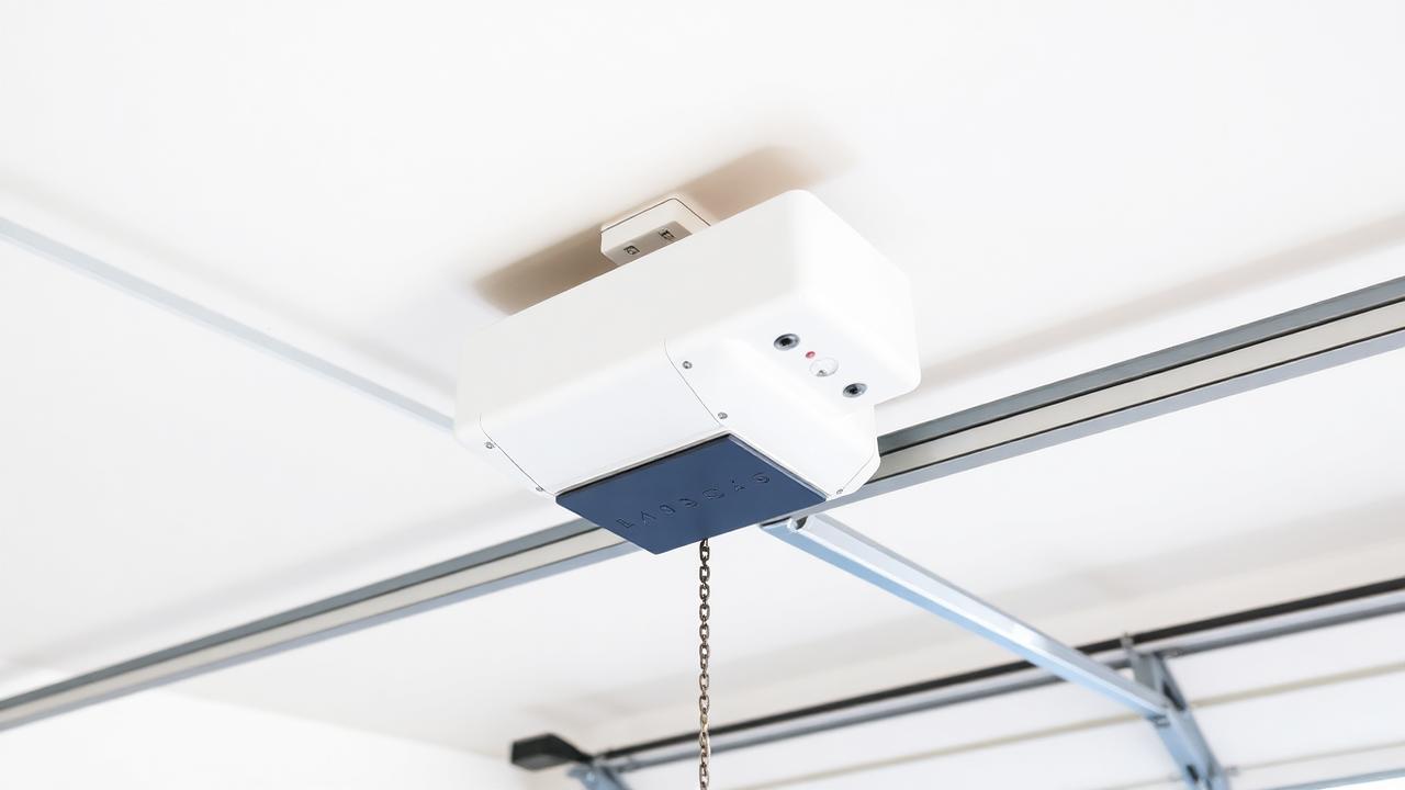 Ceiling-mounted garage door opener unit and rail inside a residential garage in Midland, NC
