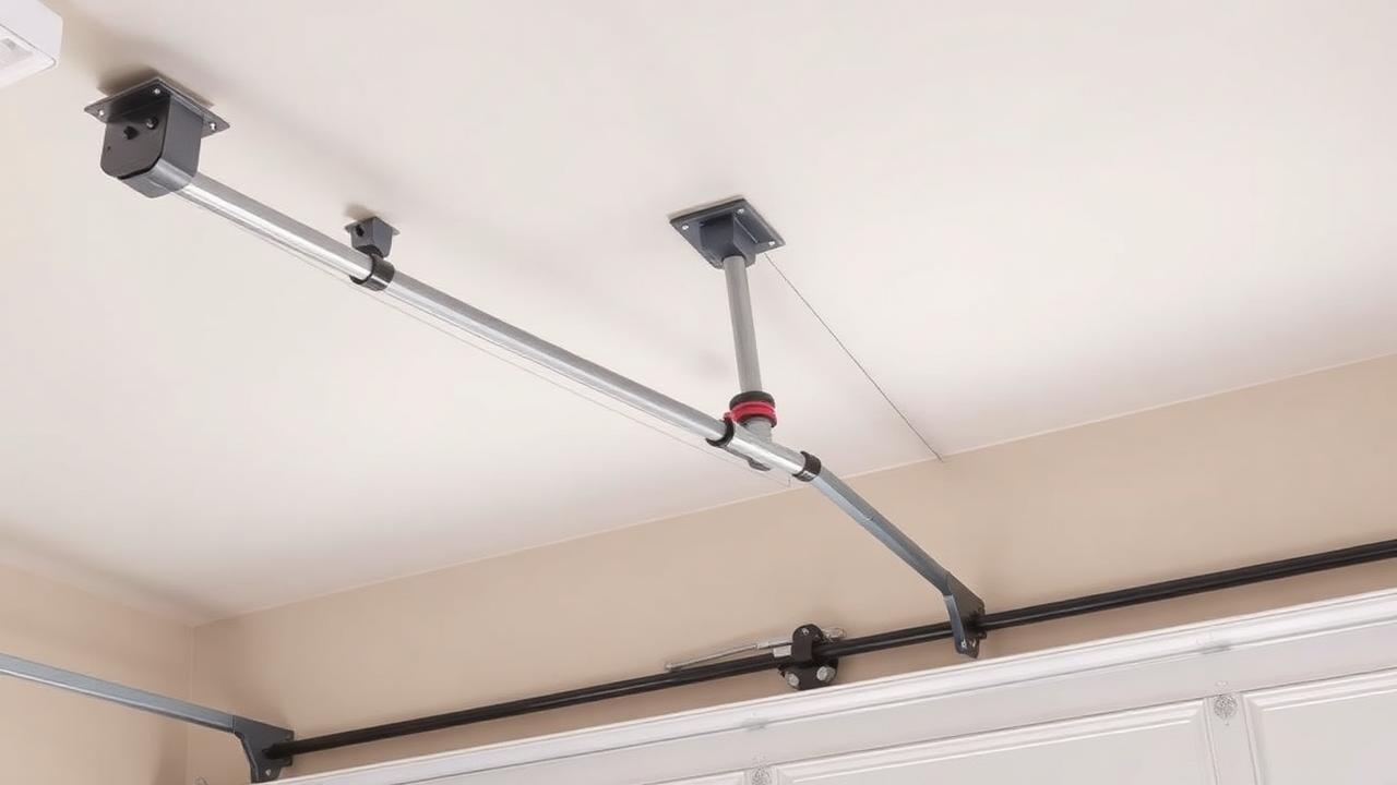 Garage door torsion spring assembly mounted above a residential garage door in Midland, NC